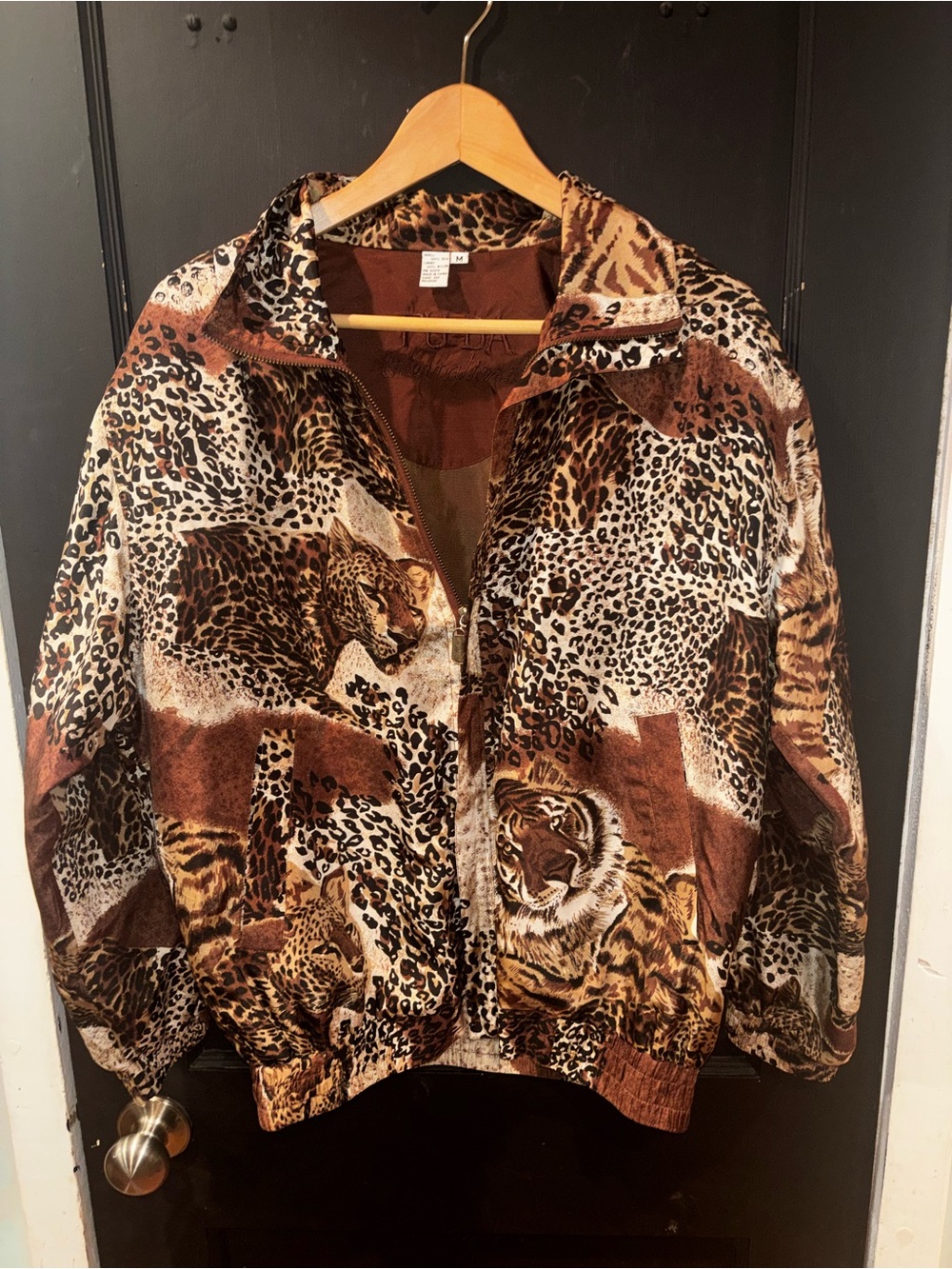Vintage FUDA International 100% Silk Tiger Leopard Print Bomber Jacket Size M